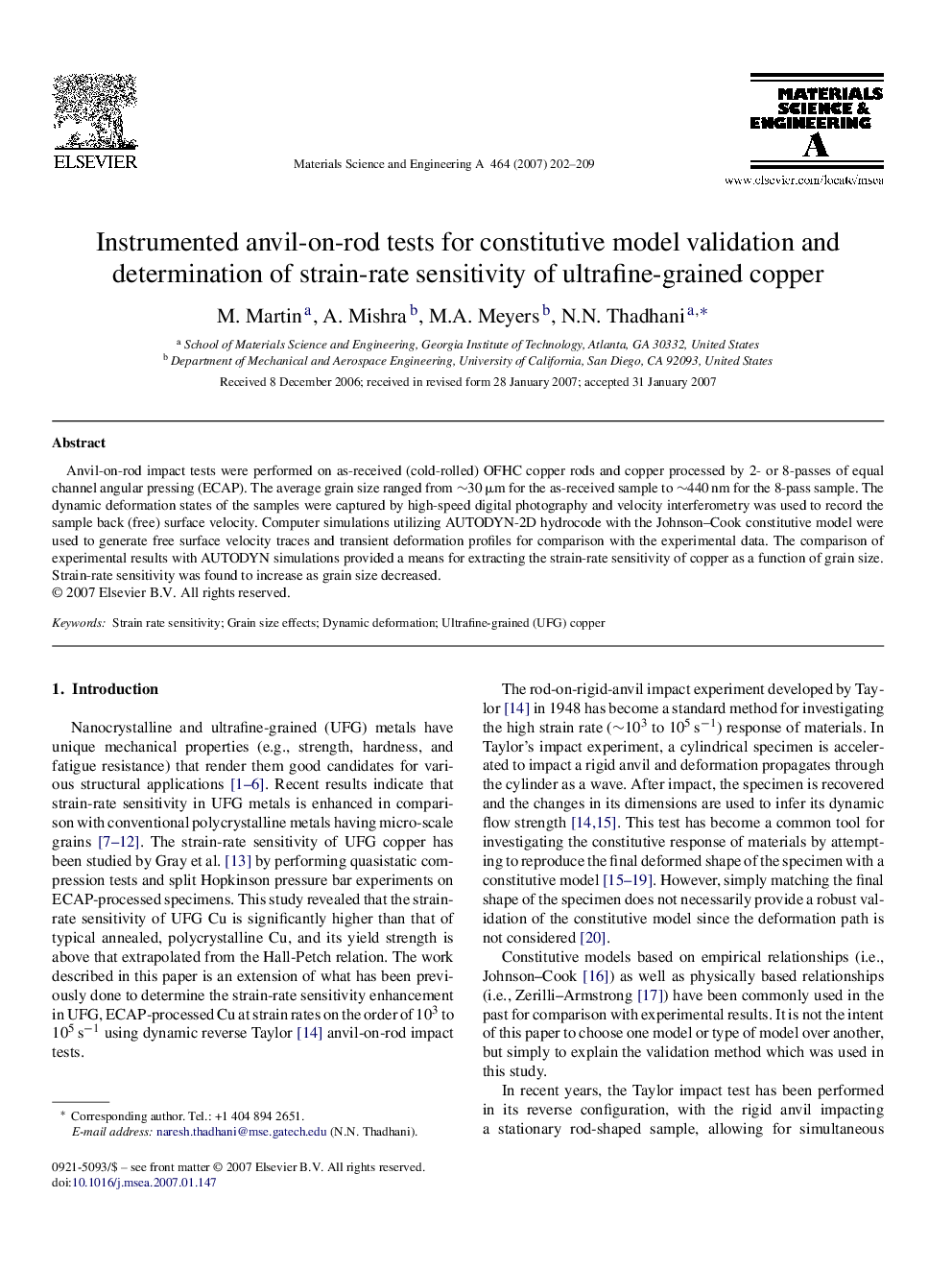 Instrumented anvil-on-rod tests for constitutive model validation and determination of strain-rate sensitivity of ultrafine-grained copper