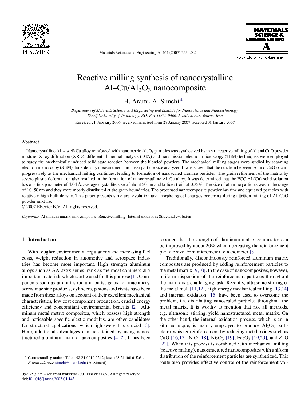 Reactive milling synthesis of nanocrystalline Al–Cu/Al2O3 nanocomposite