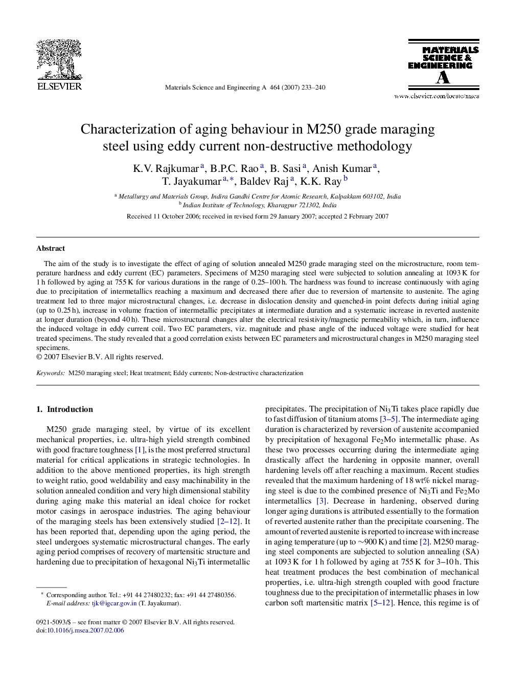 Characterization of aging behaviour in M250 grade maraging steel using eddy current non-destructive methodology