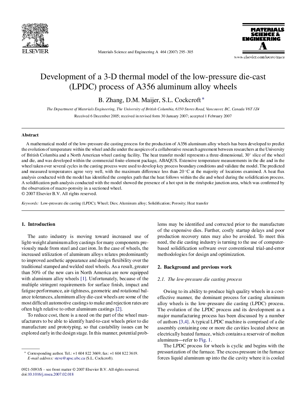 Development of a 3-D thermal model of the low-pressure die-cast (LPDC) process of A356 aluminum alloy wheels