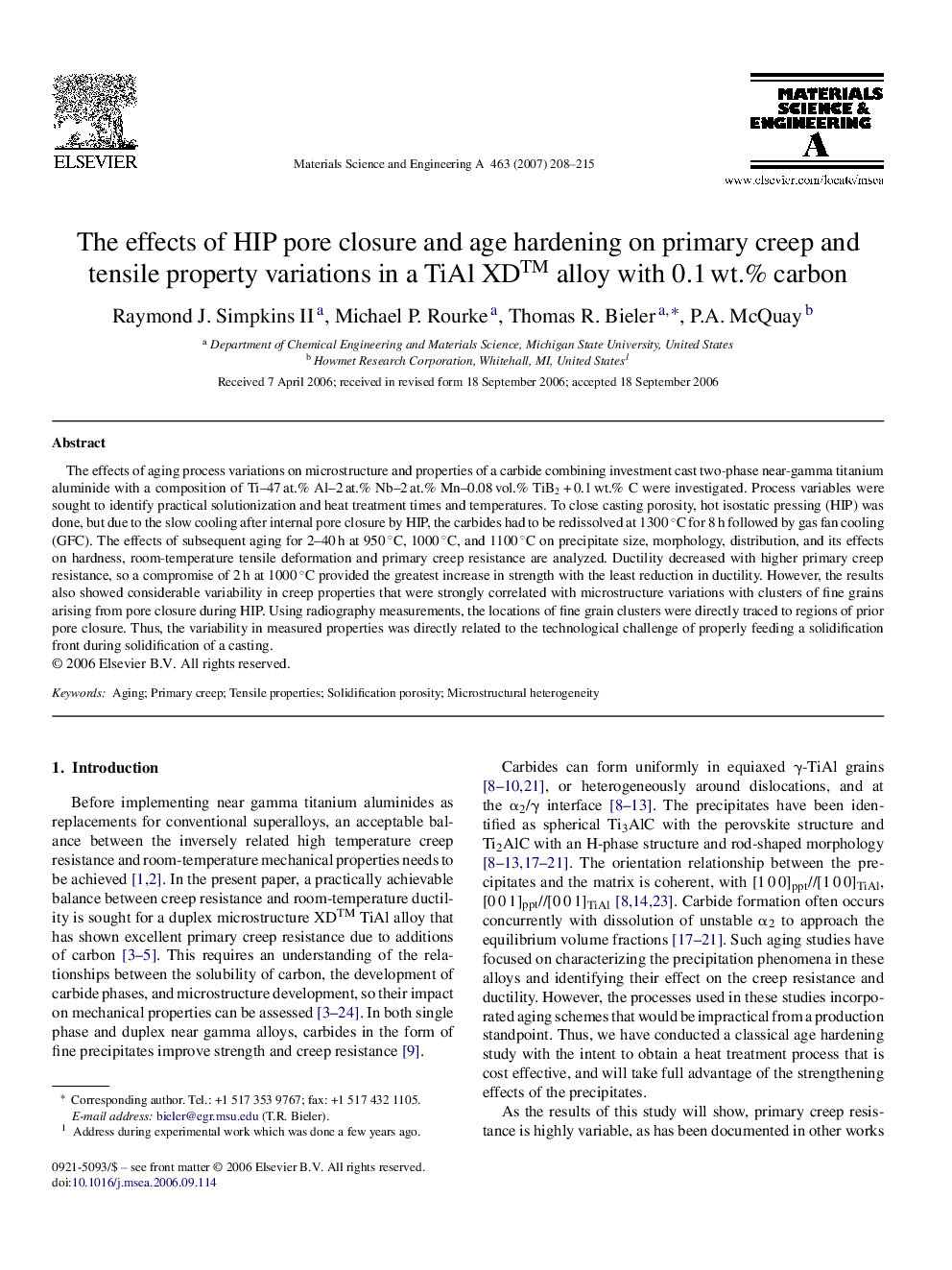 The effects of HIP pore closure and age hardening on primary creep and tensile property variations in a TiAl XD™ alloy with 0.1 wt.% carbon