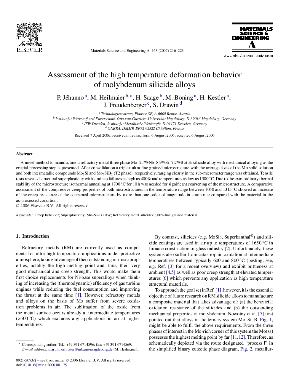 Assessment of the high temperature deformation behavior of molybdenum silicide alloys