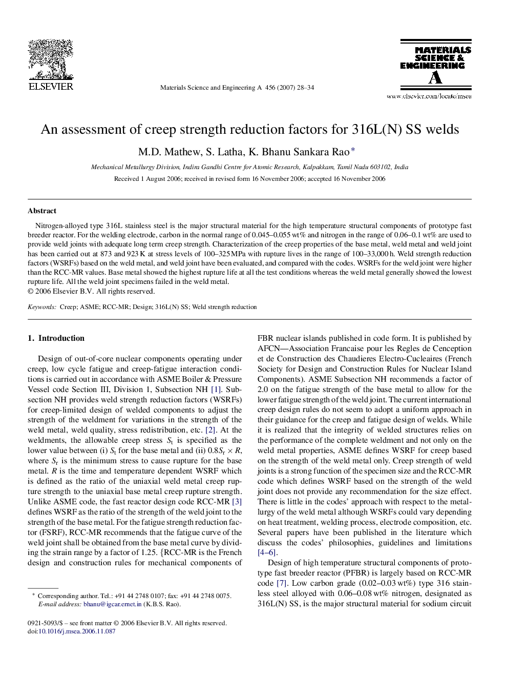 An assessment of creep strength reduction factors for 316L(N) SS welds