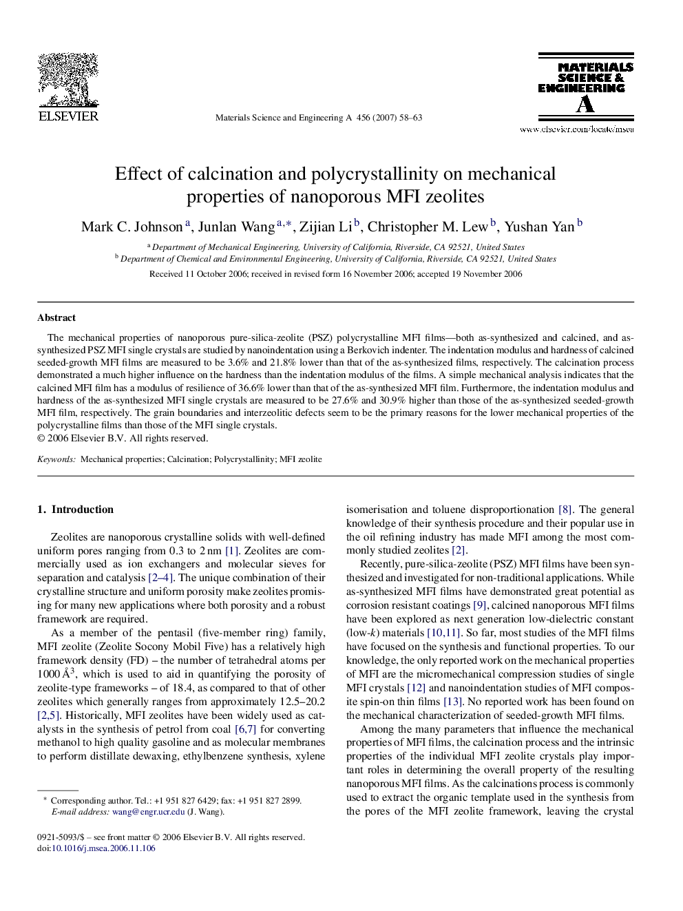 Effect of calcination and polycrystallinity on mechanical properties of nanoporous MFI zeolites