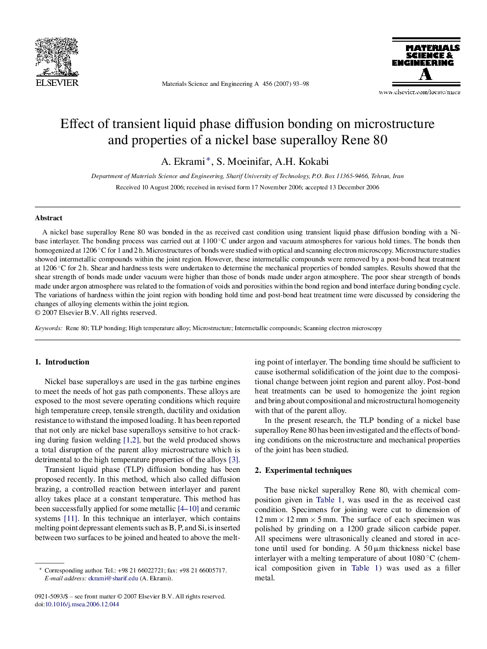 Effect of transient liquid phase diffusion bonding on microstructure and properties of a nickel base superalloy Rene 80