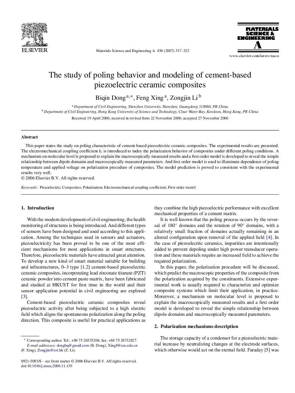 The study of poling behavior and modeling of cement-based piezoelectric ceramic composites