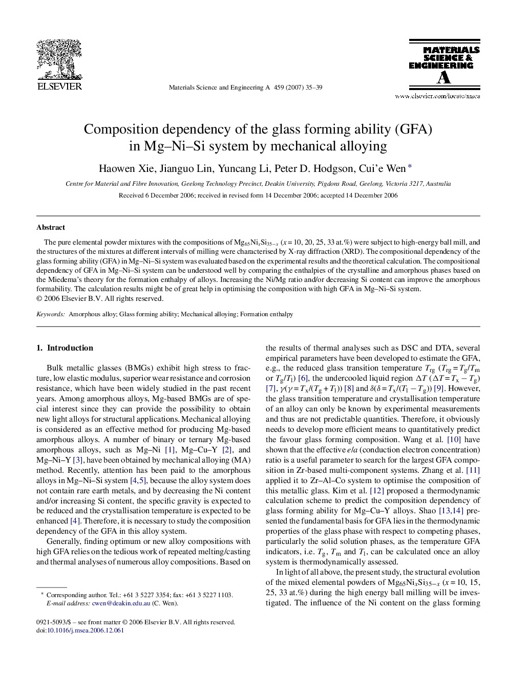 Composition dependency of the glass forming ability (GFA) in Mg–Ni–Si system by mechanical alloying