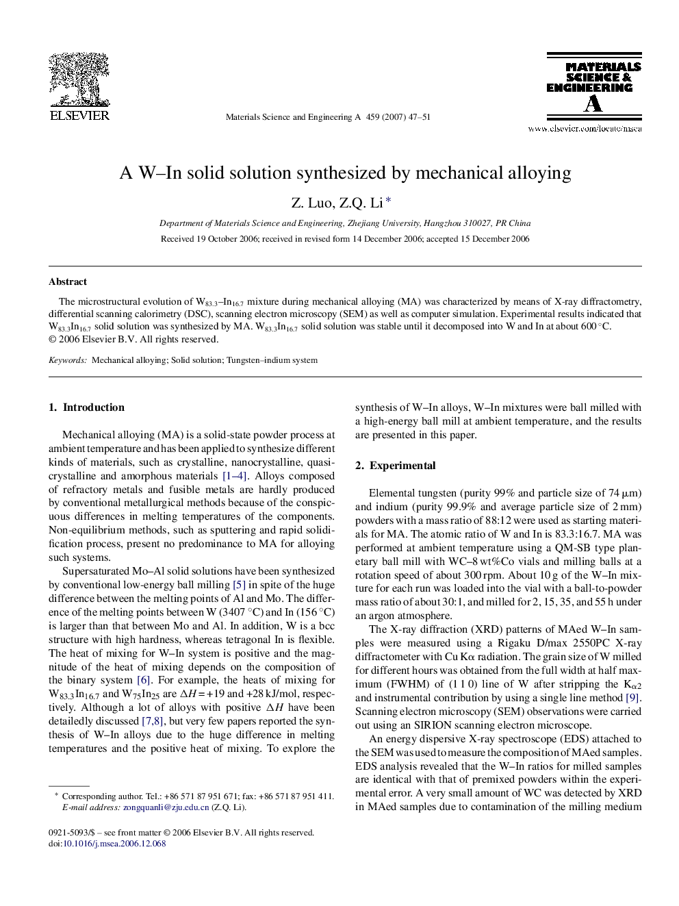 A W–In solid solution synthesized by mechanical alloying