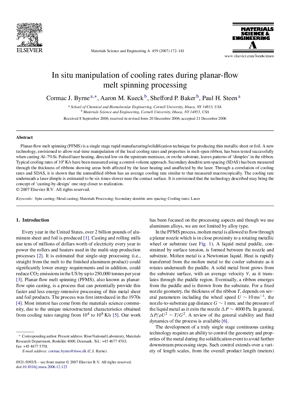 In situ manipulation of cooling rates during planar-flow melt spinning processing