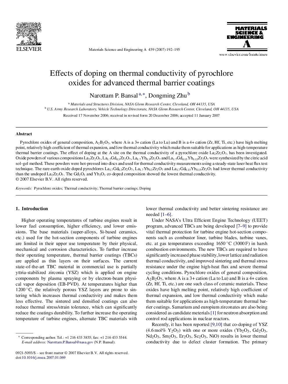 Effects of doping on thermal conductivity of pyrochlore oxides for advanced thermal barrier coatings