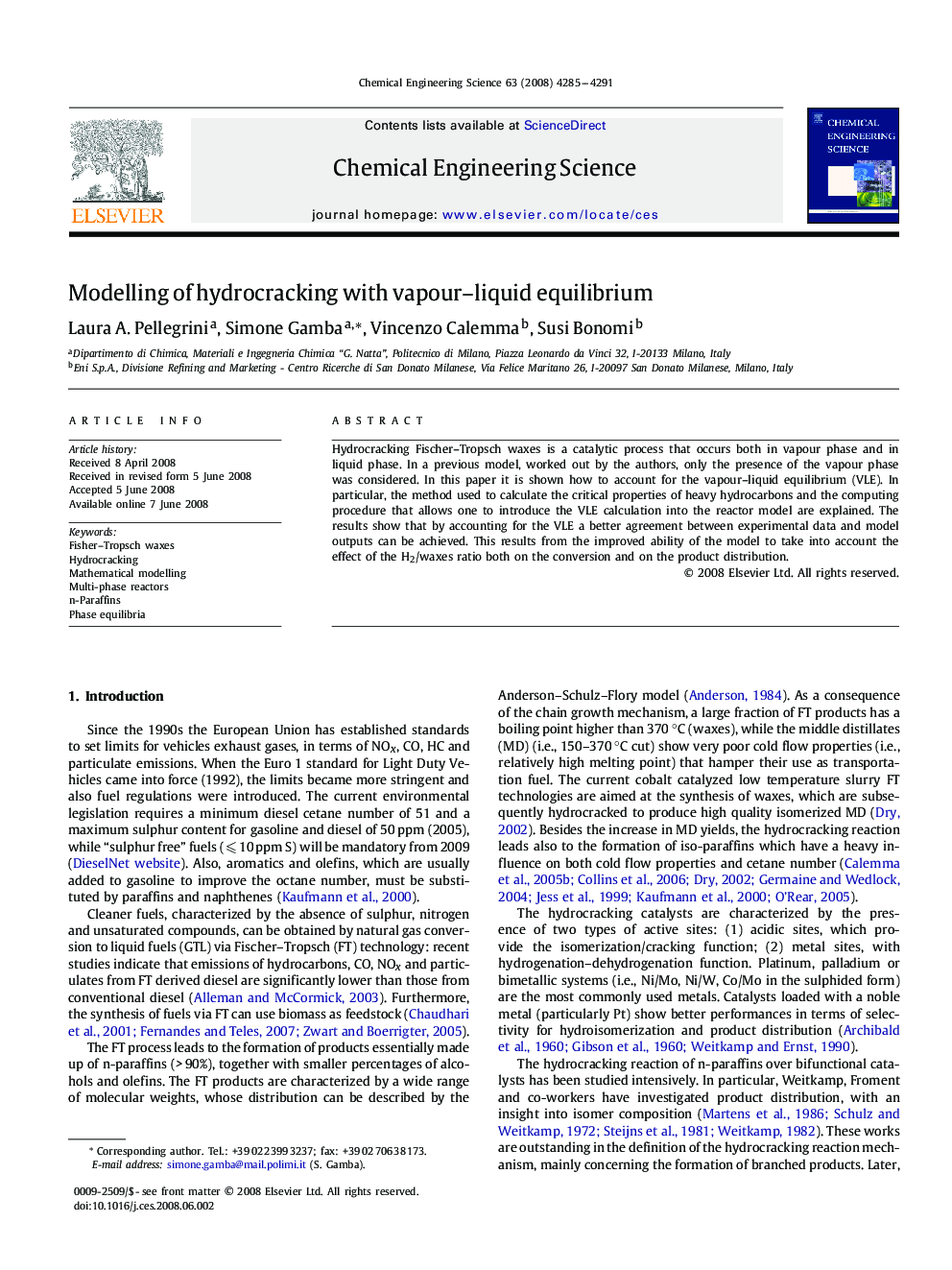 Modelling of hydrocracking with vapour–liquid equilibrium