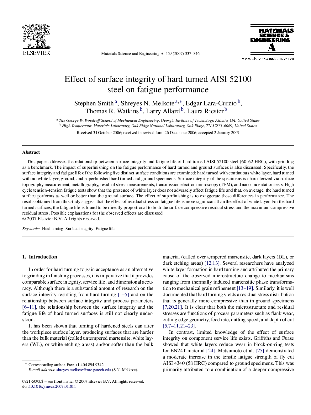 Effect of surface integrity of hard turned AISI 52100 steel on fatigue performance