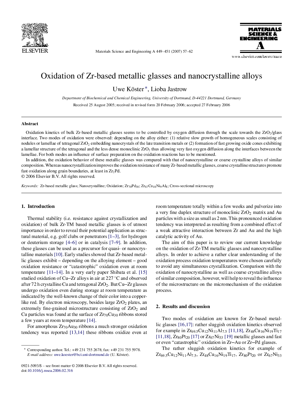 Oxidation of Zr-based metallic glasses and nanocrystalline alloys