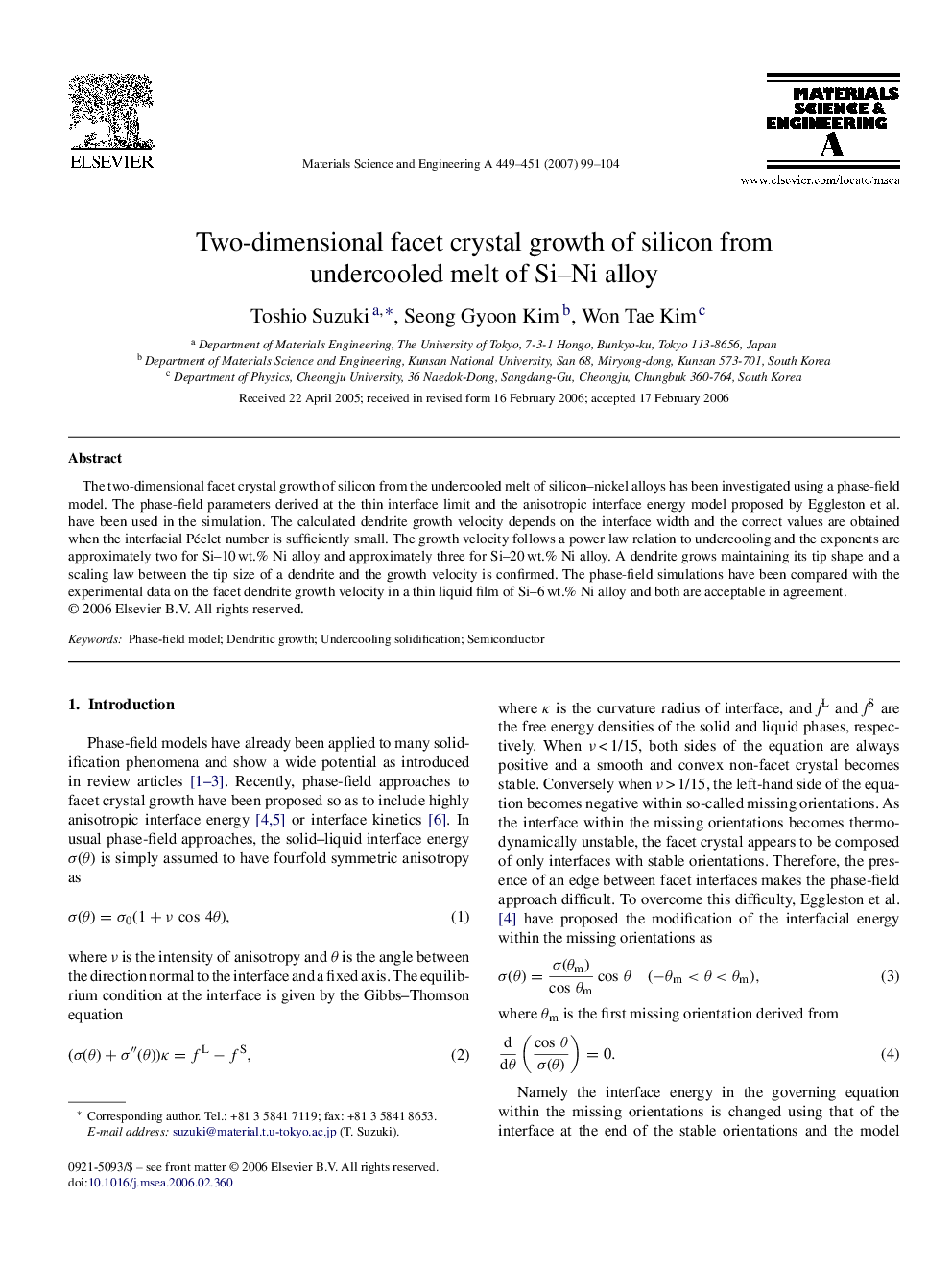 Two-dimensional facet crystal growth of silicon from undercooled melt of Si-Ni alloy