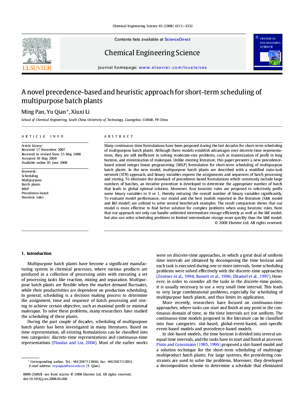 A novel precedence-based and heuristic approach for short-term scheduling of multipurpose batch plants