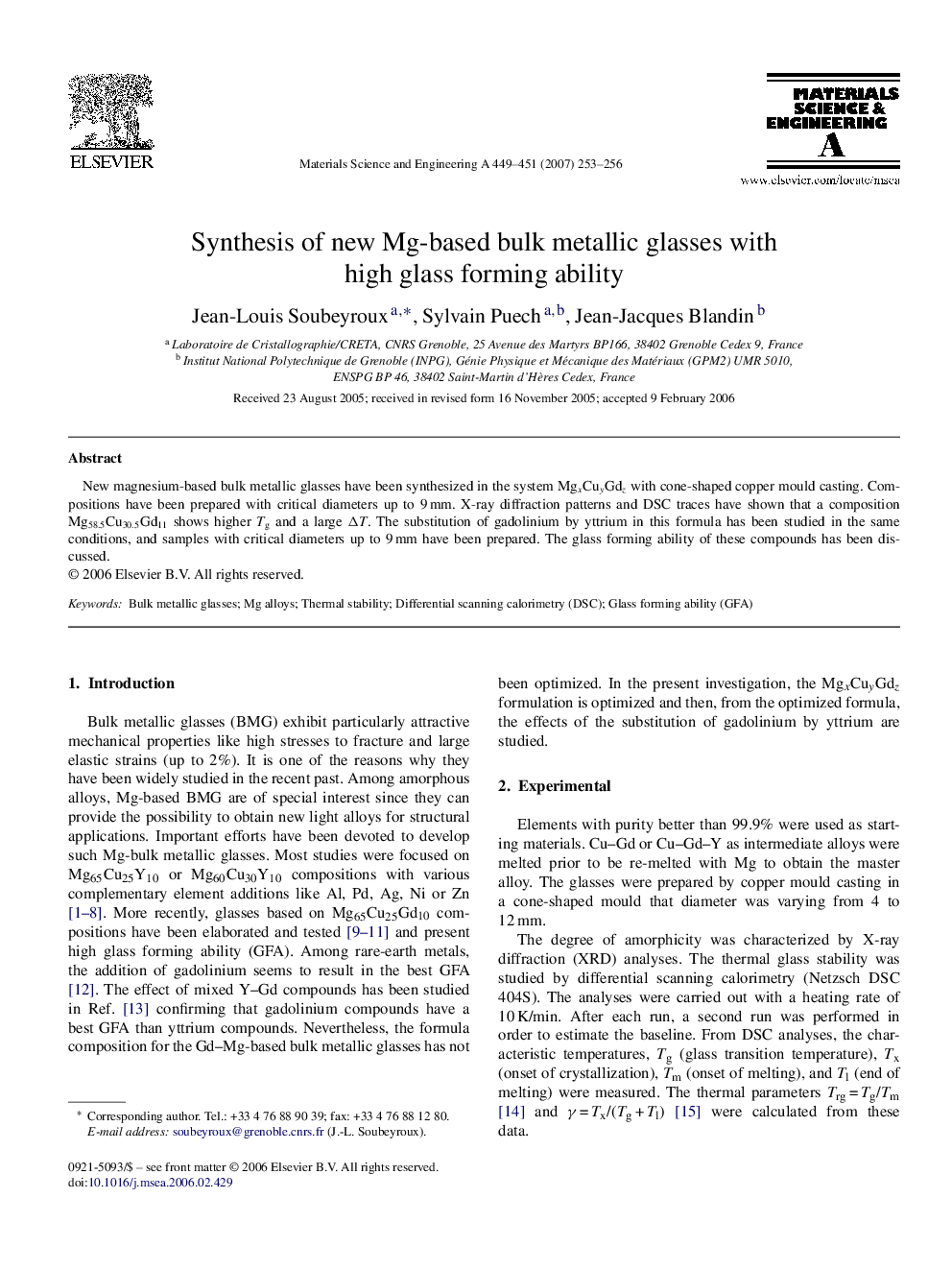 Synthesis of new Mg-based bulk metallic glasses with high glass forming ability