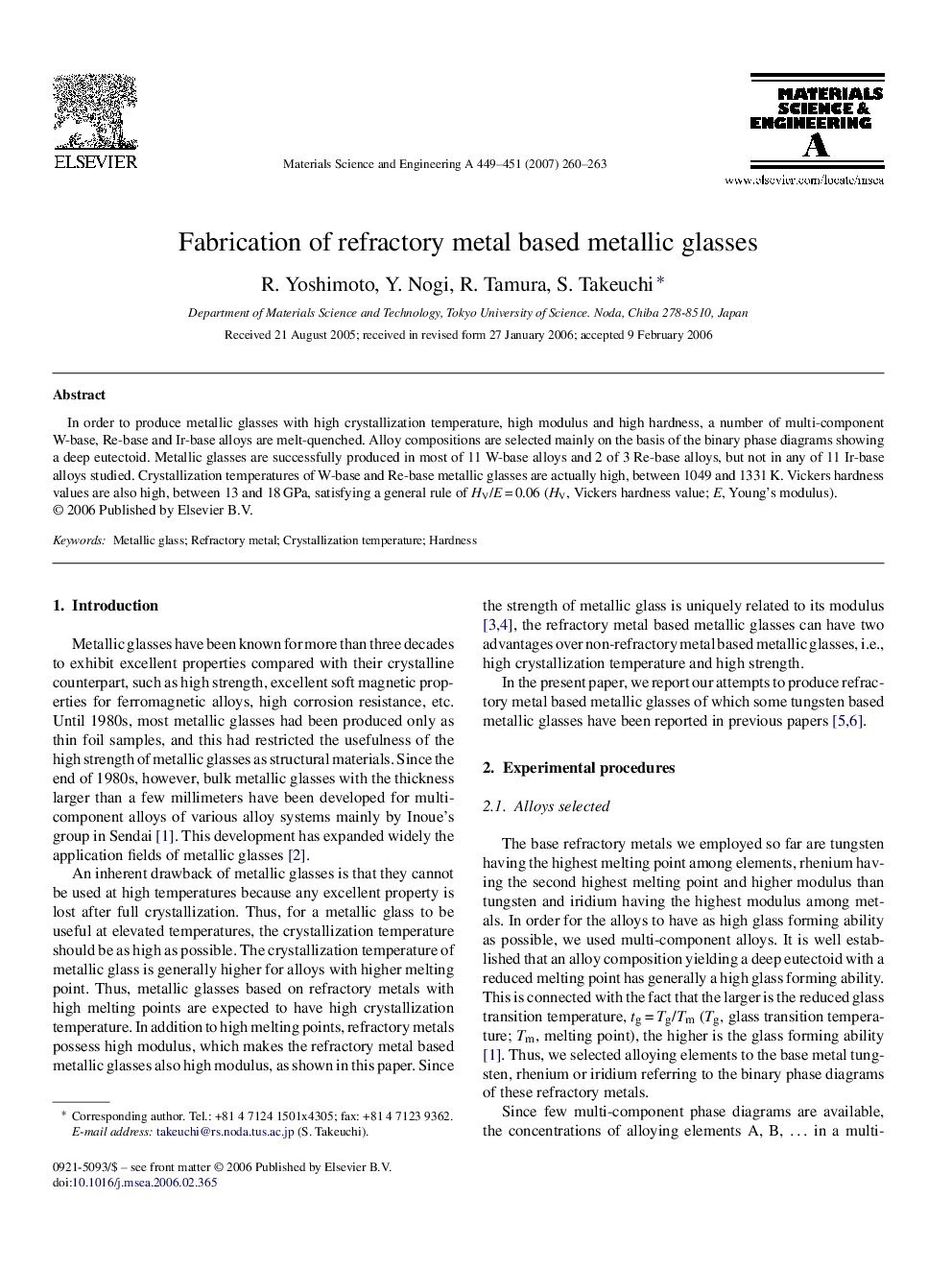 Fabrication of refractory metal based metallic glasses