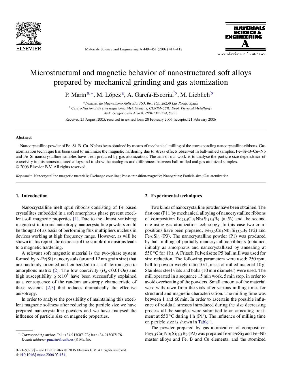 Microstructural and magnetic behavior of nanostructured soft alloys prepared by mechanical grinding and gas atomization