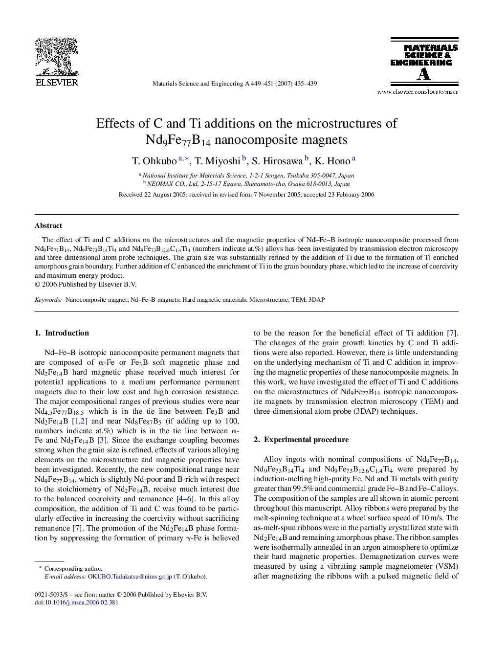 Effects of C and Ti additions on the microstructures of Nd9Fe77B14 nanocomposite magnets