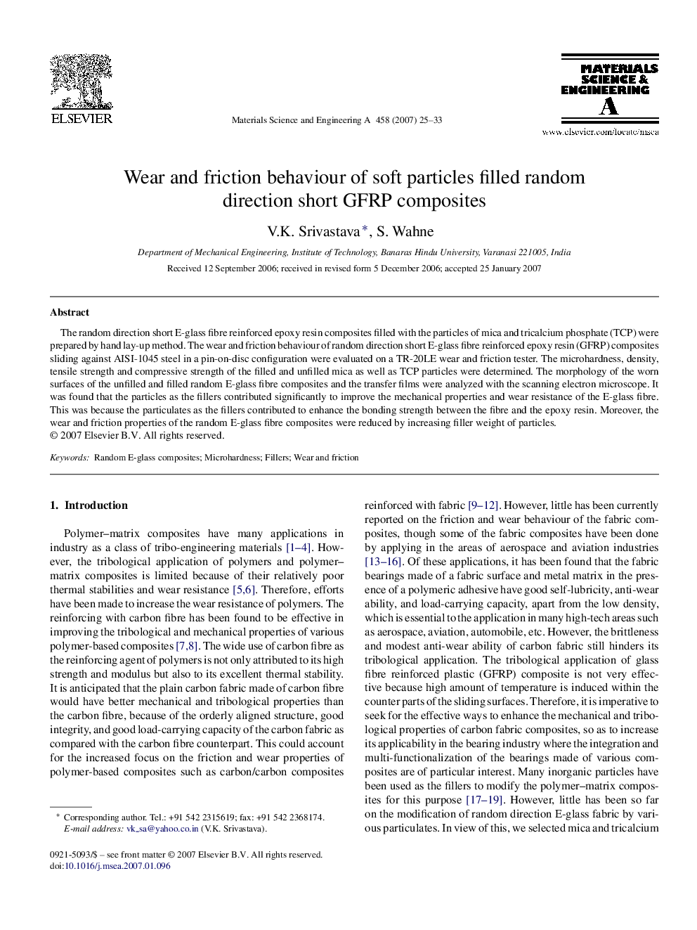 عکس صفحه اول مقاله: Wear and friction behaviour of soft particles filled random direction short GFRP composites Wear and friction behaviour of soft particles filled random direction short GFRP composites