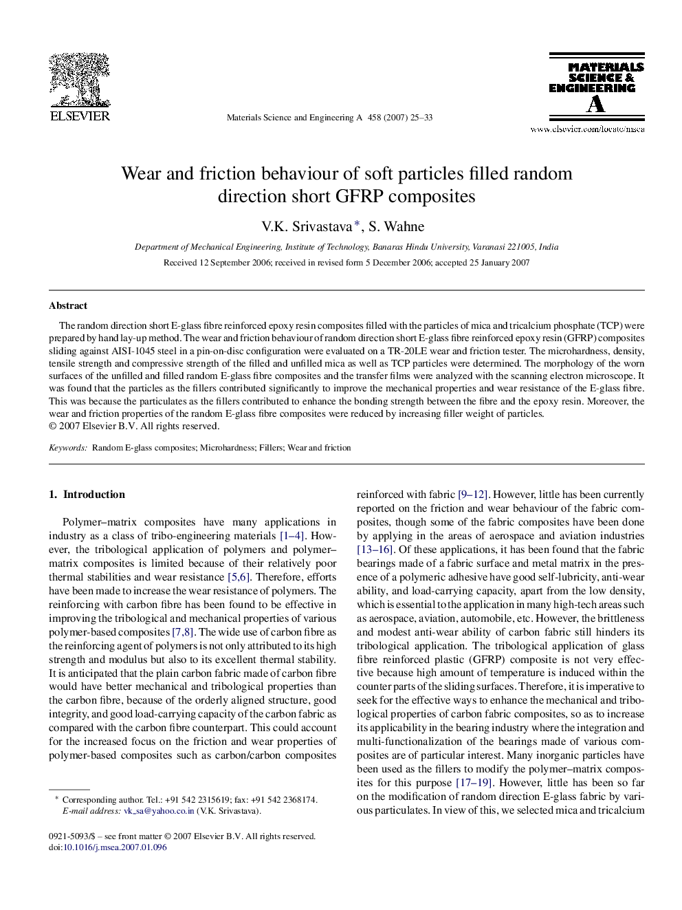 Wear and friction behaviour of soft particles filled random direction short GFRP composites