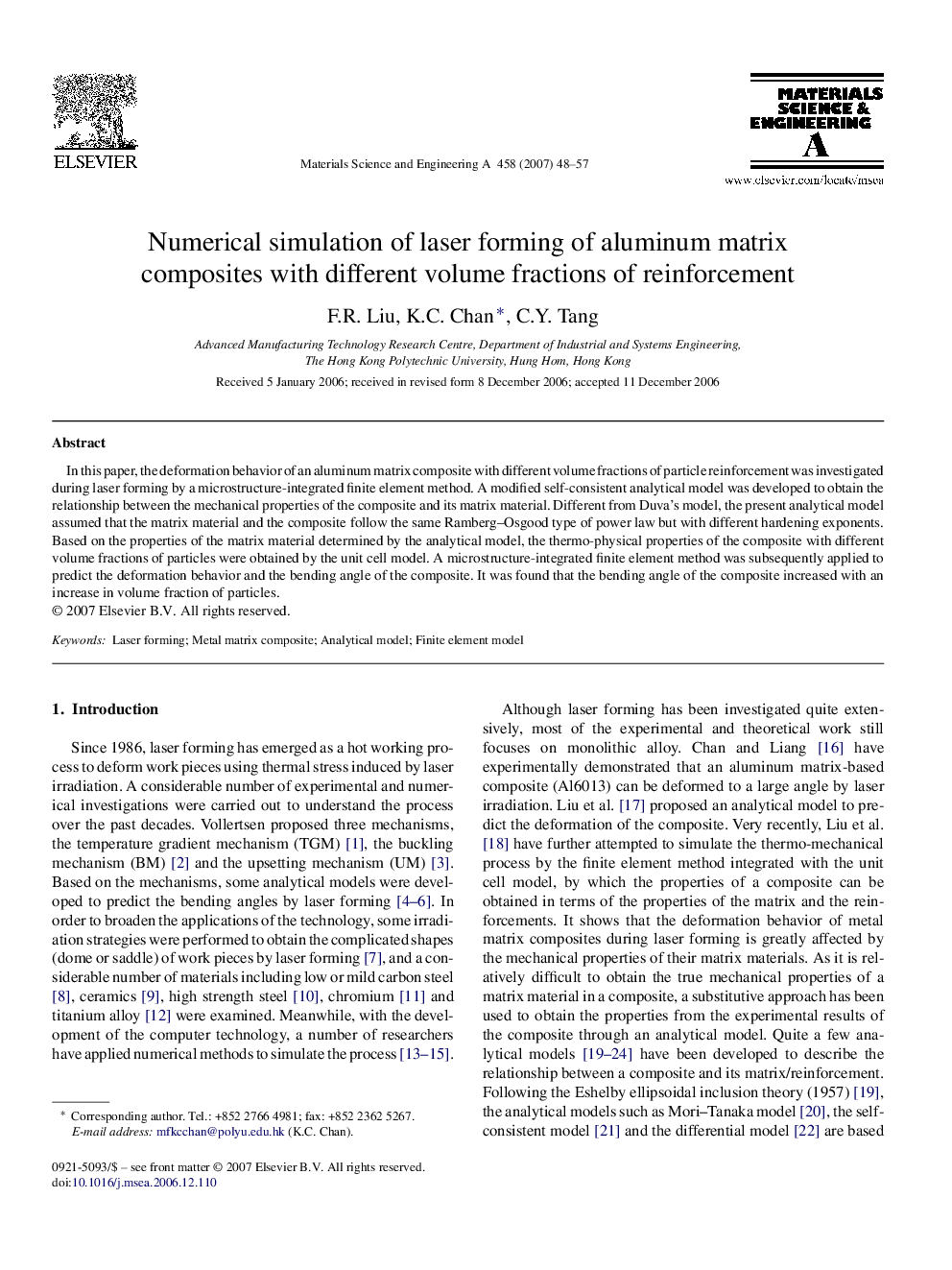 Numerical simulation of laser forming of aluminum matrix composites with different volume fractions of reinforcement