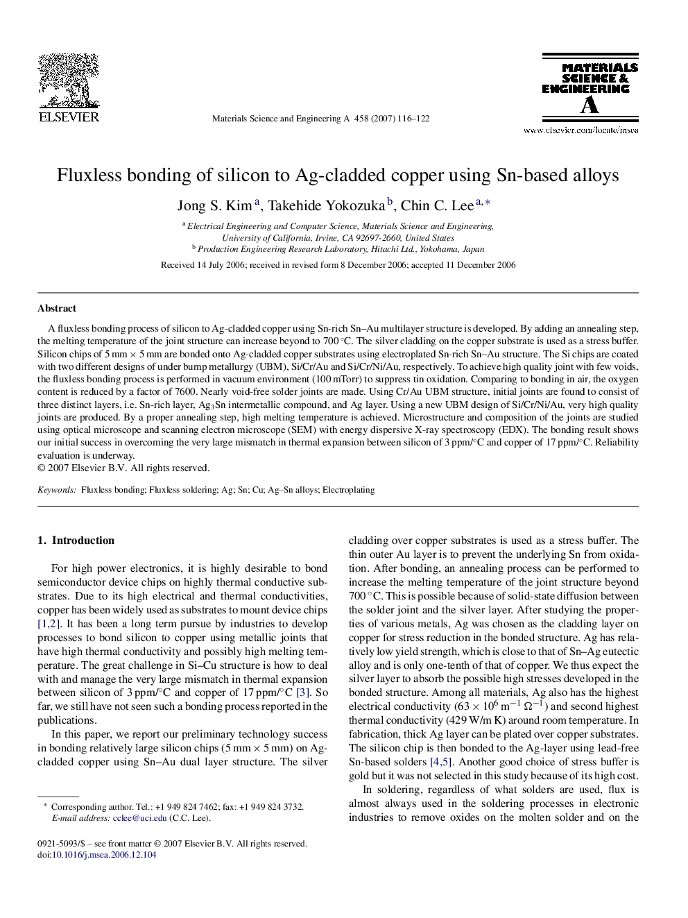 Fluxless bonding of silicon to Ag-cladded copper using Sn-based alloys