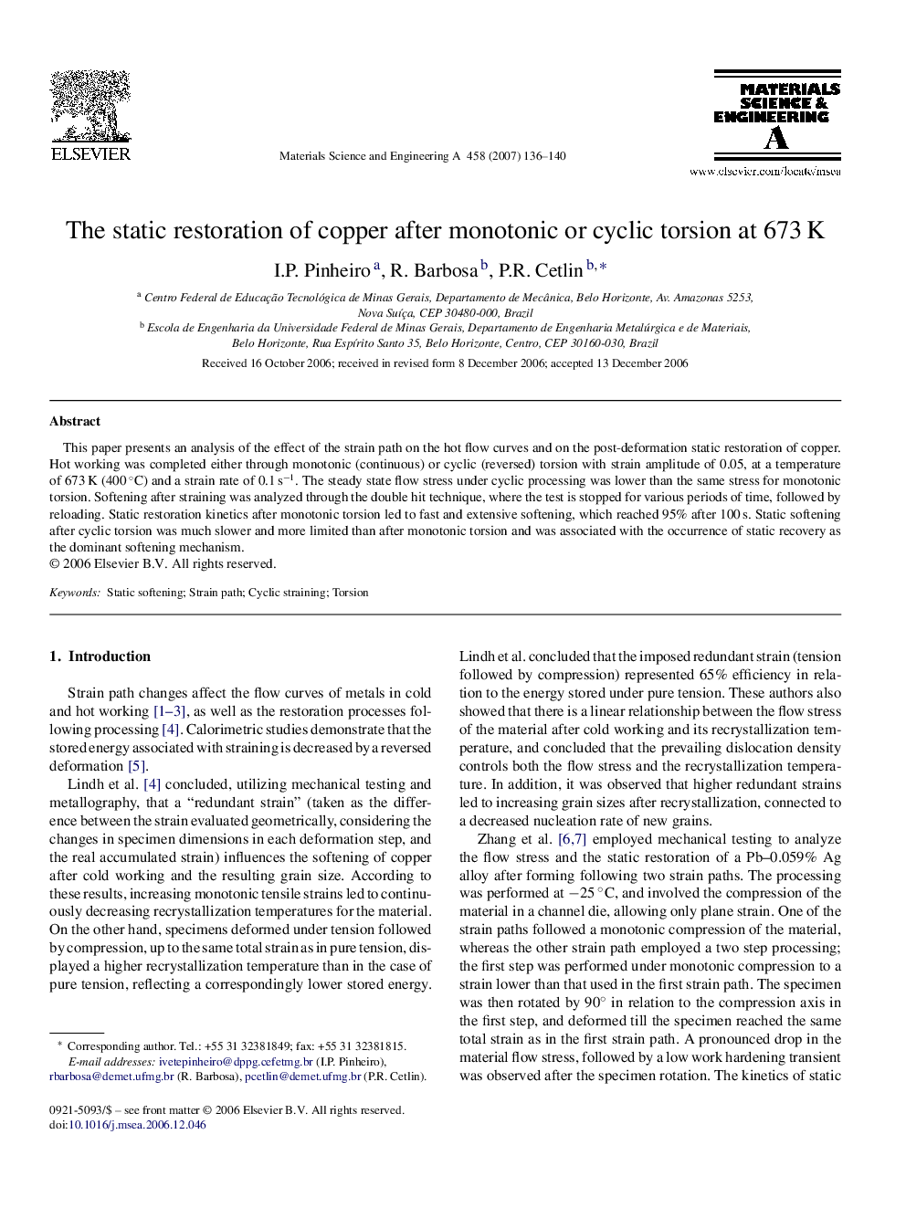 The static restoration of copper after monotonic or cyclic torsion at 673 K