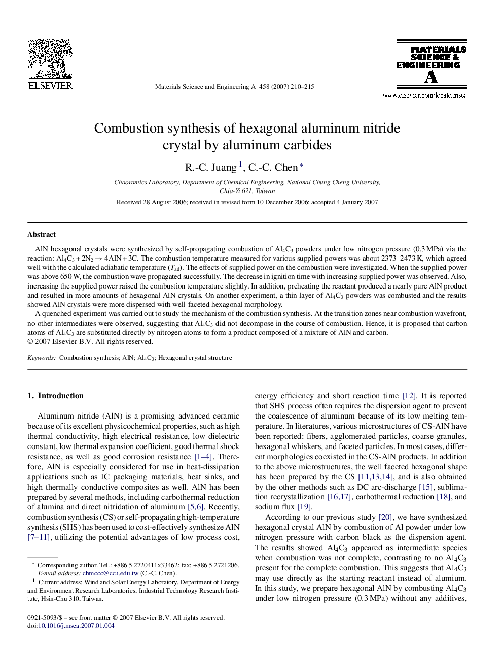 Combustion synthesis of hexagonal aluminum nitride crystal by aluminum carbides