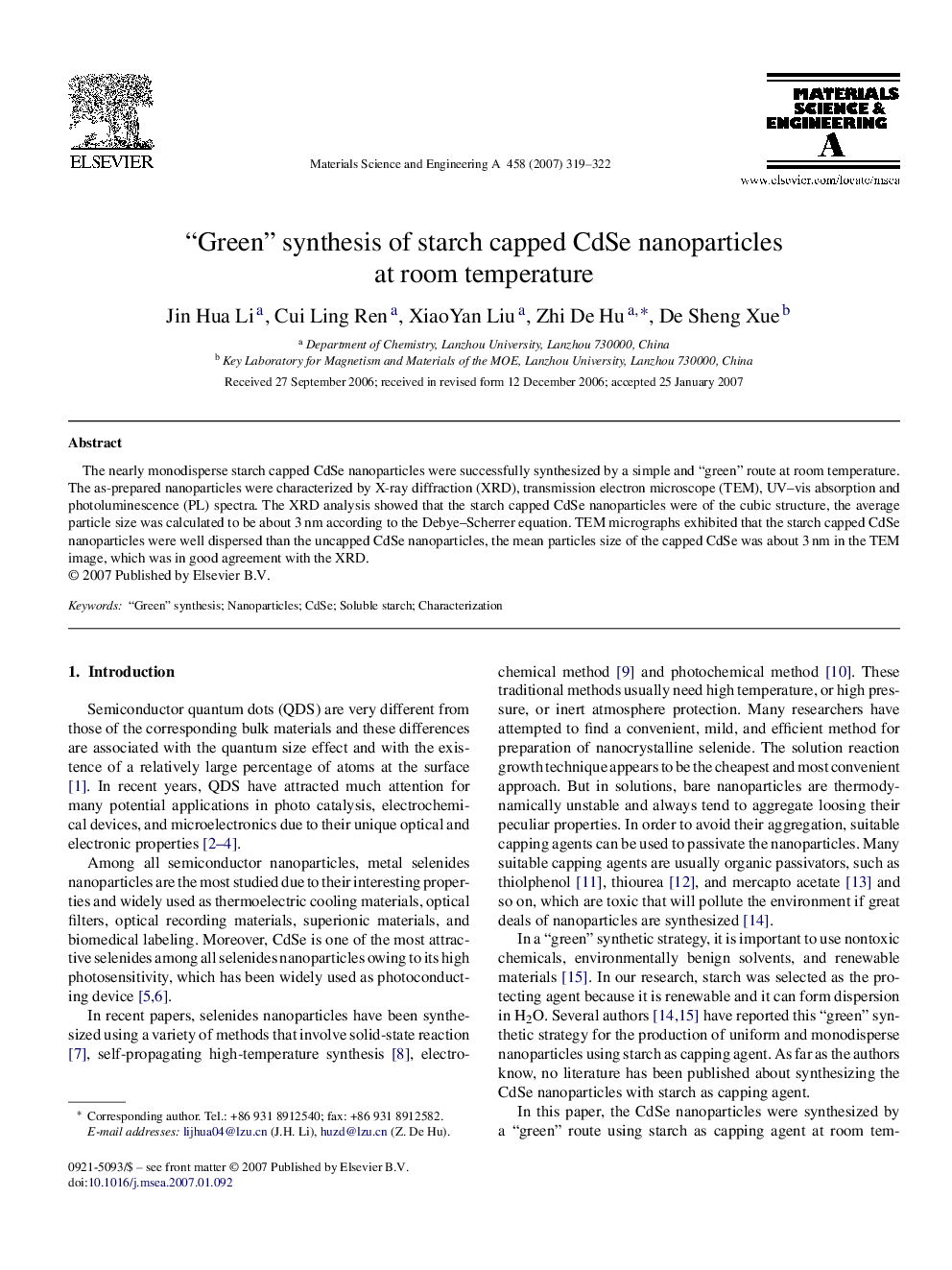 “Green” synthesis of starch capped CdSe nanoparticles at room temperature