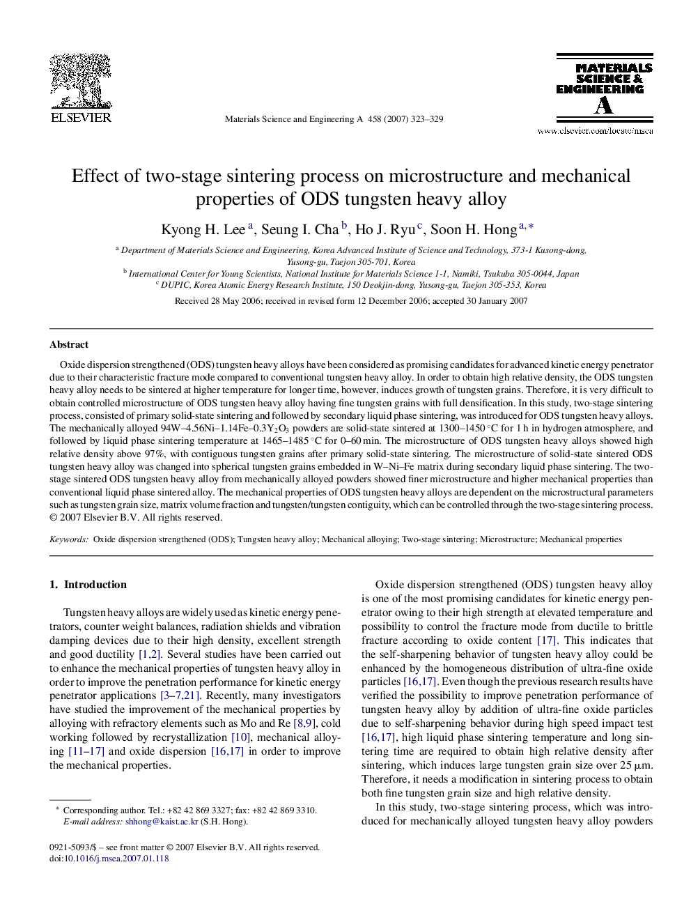 Effect of two-stage sintering process on microstructure and mechanical properties of ODS tungsten heavy alloy