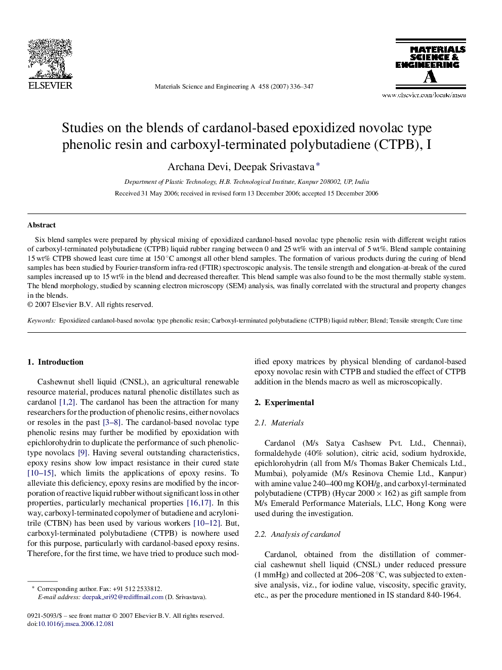 Studies on the blends of cardanol-based epoxidized novolac type phenolic resin and carboxyl-terminated polybutadiene (CTPB), I