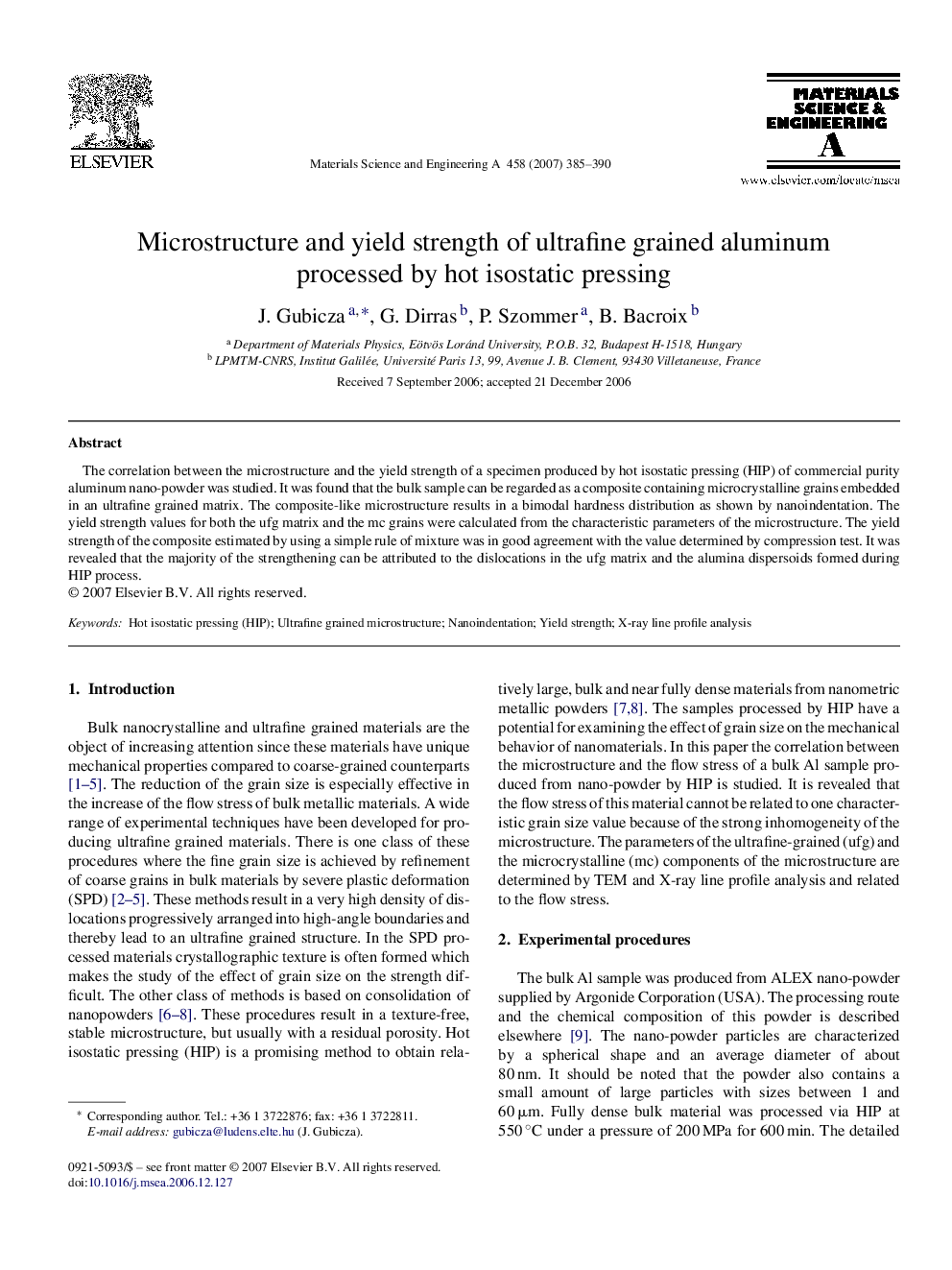 Microstructure and yield strength of ultrafine grained aluminum processed by hot isostatic pressing