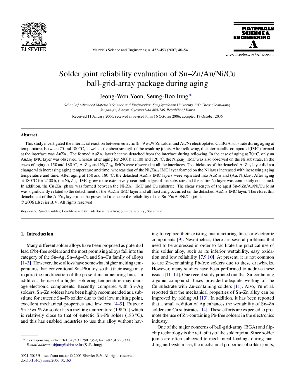 Solder joint reliability evaluation of Sn–Zn/Au/Ni/Cu ball-grid-array package during aging