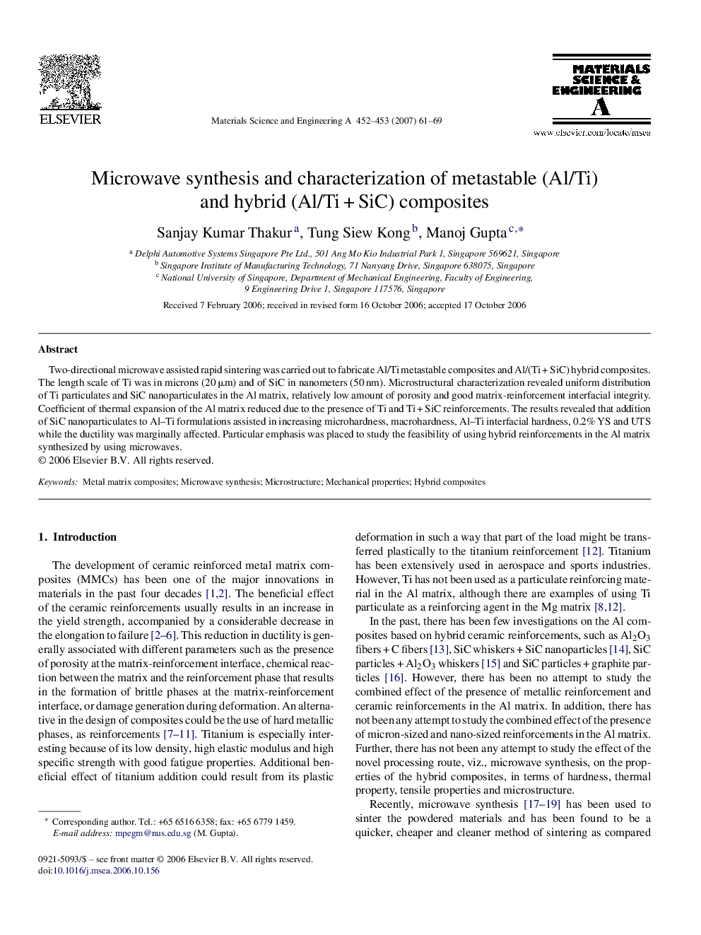 Microwave synthesis and characterization of metastable (Al/Ti) and hybrid (Al/Ti + SiC) composites