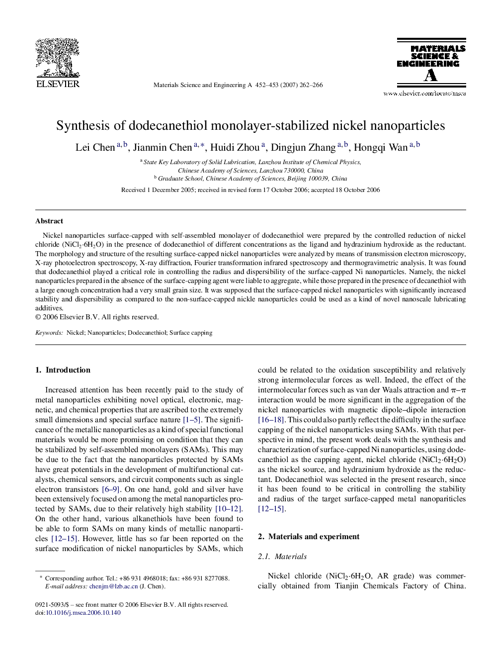 Synthesis of dodecanethiol monolayer-stabilized nickel nanoparticles