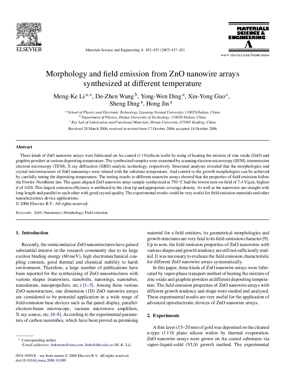 Morphology and field emission from ZnO nanowire arrays synthesized at different temperature