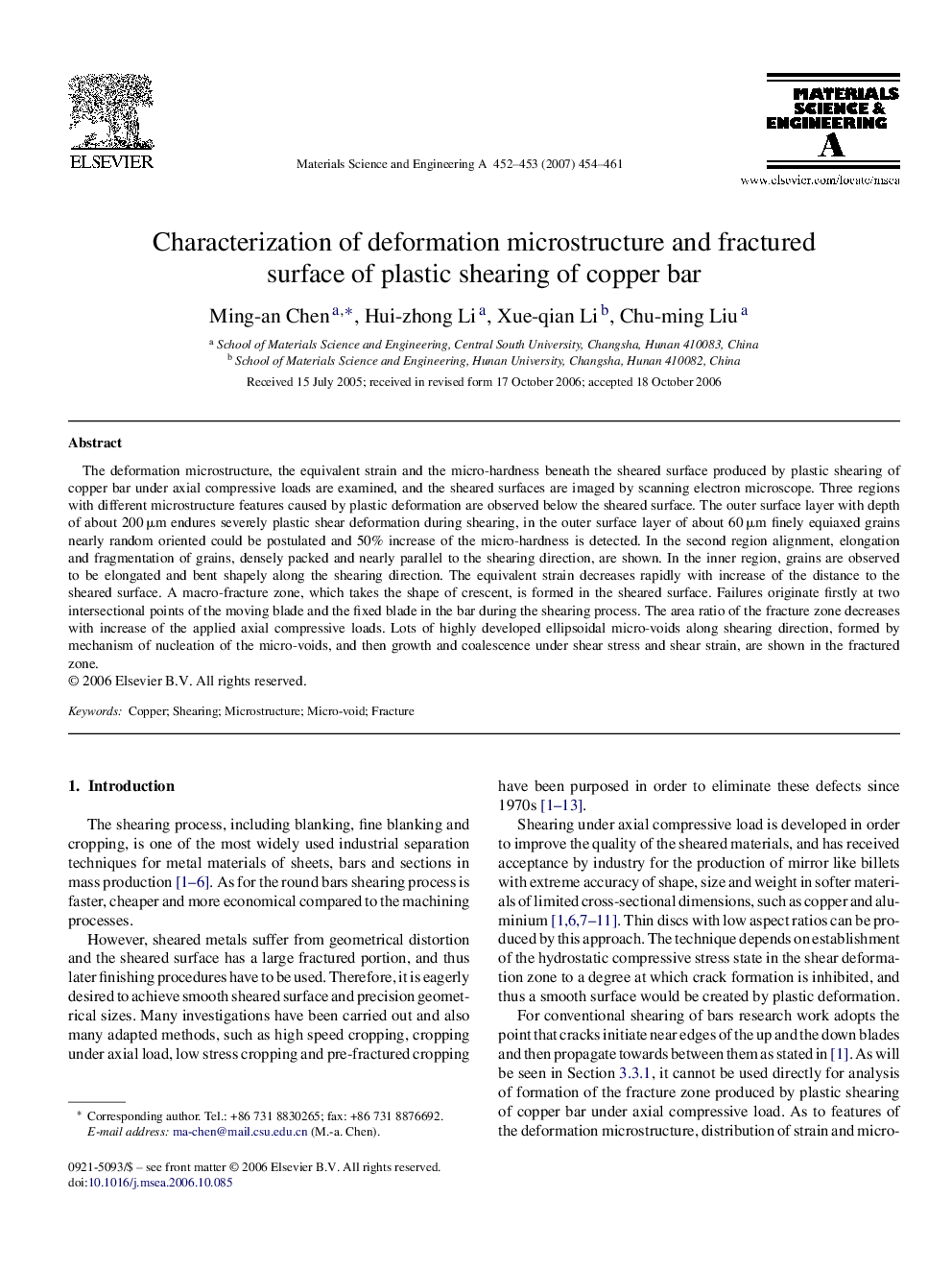 Characterization of deformation microstructure and fractured surface of plastic shearing of copper bar