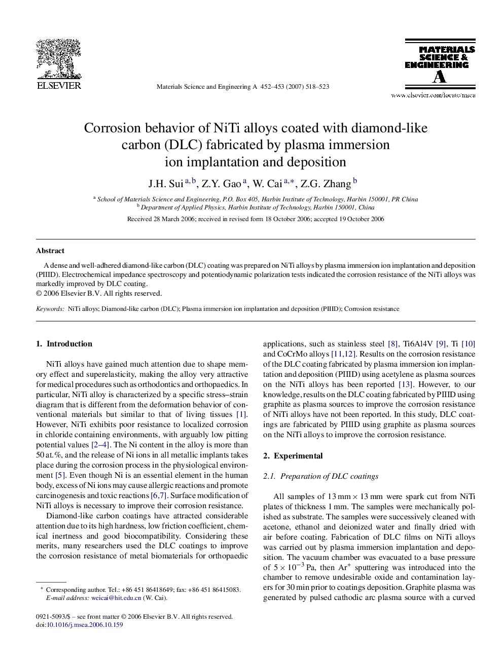 Corrosion behavior of NiTi alloys coated with diamond-like carbon (DLC) fabricated by plasma immersion ion implantation and deposition