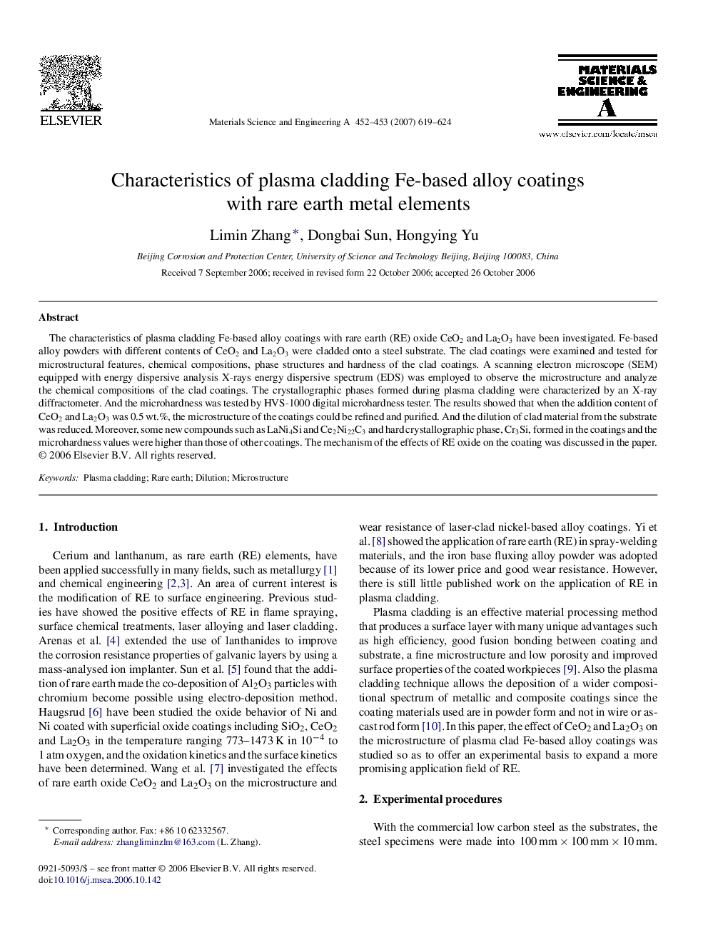 Characteristics of plasma cladding Fe-based alloy coatings with rare earth metal elements