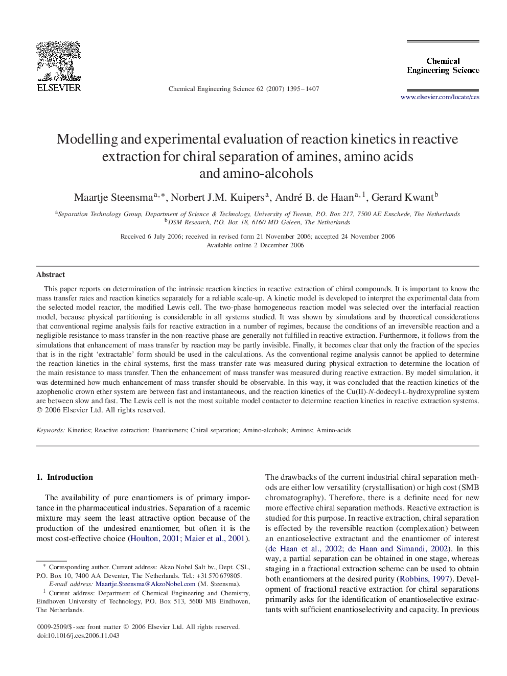 Modelling and experimental evaluation of reaction kinetics in reactive extraction for chiral separation of amines, amino acids and amino-alcohols