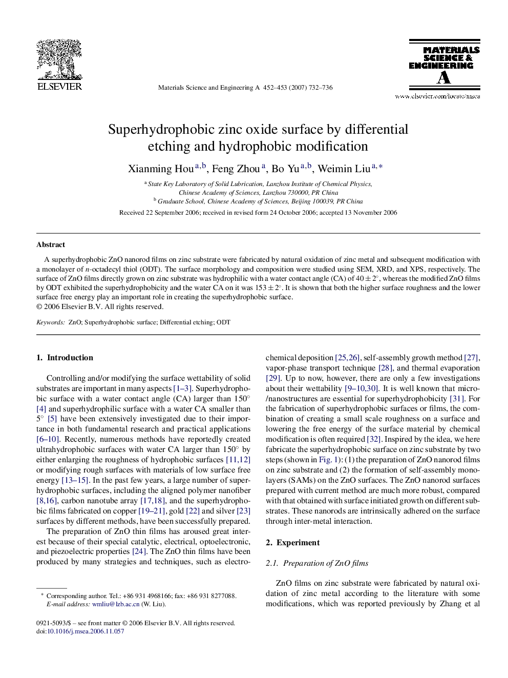 Superhydrophobic zinc oxide surface by differential etching and hydrophobic modification