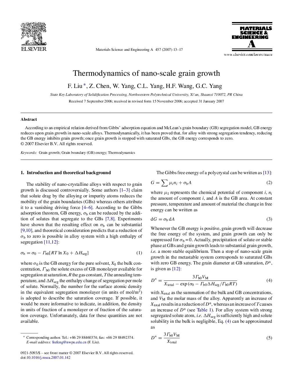 Thermodynamics of nano-scale grain growth