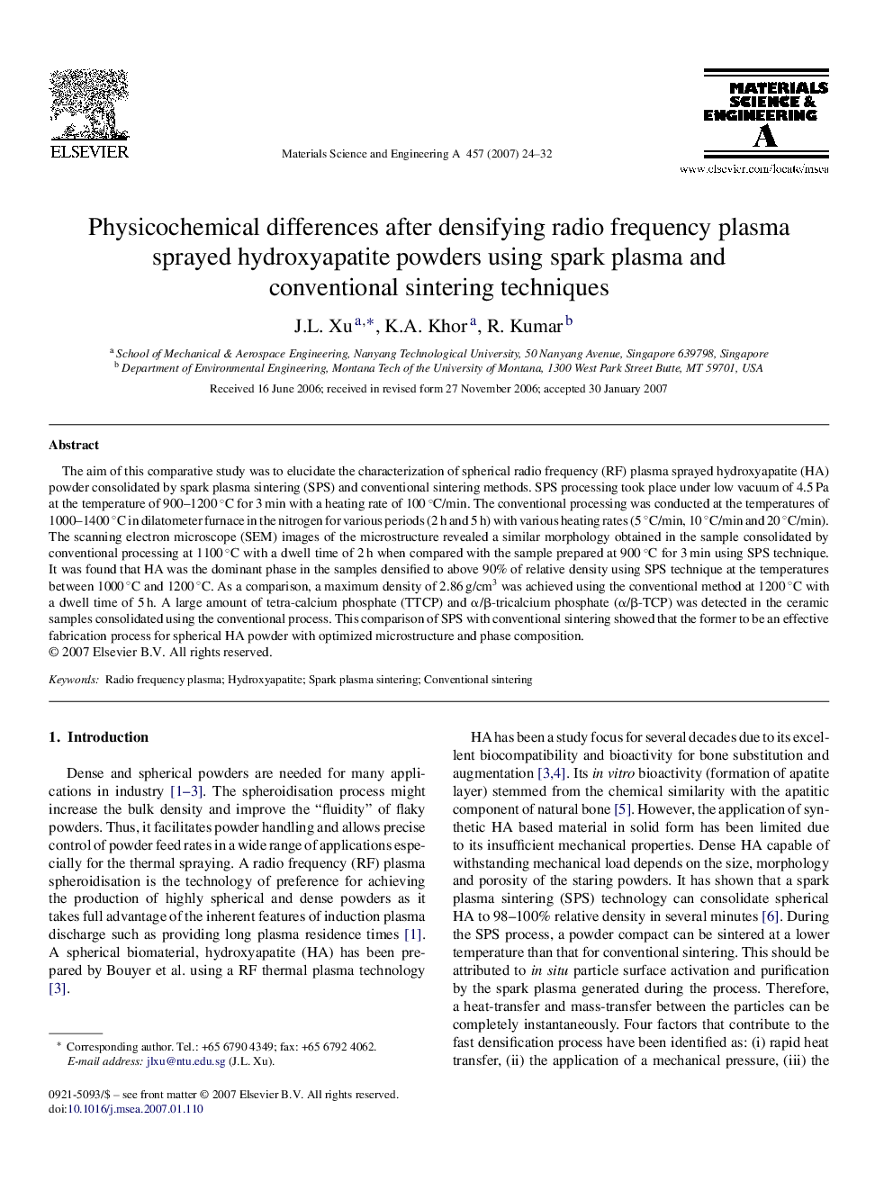 Physicochemical differences after densifying radio frequency plasma sprayed hydroxyapatite powders using spark plasma and conventional sintering techniques