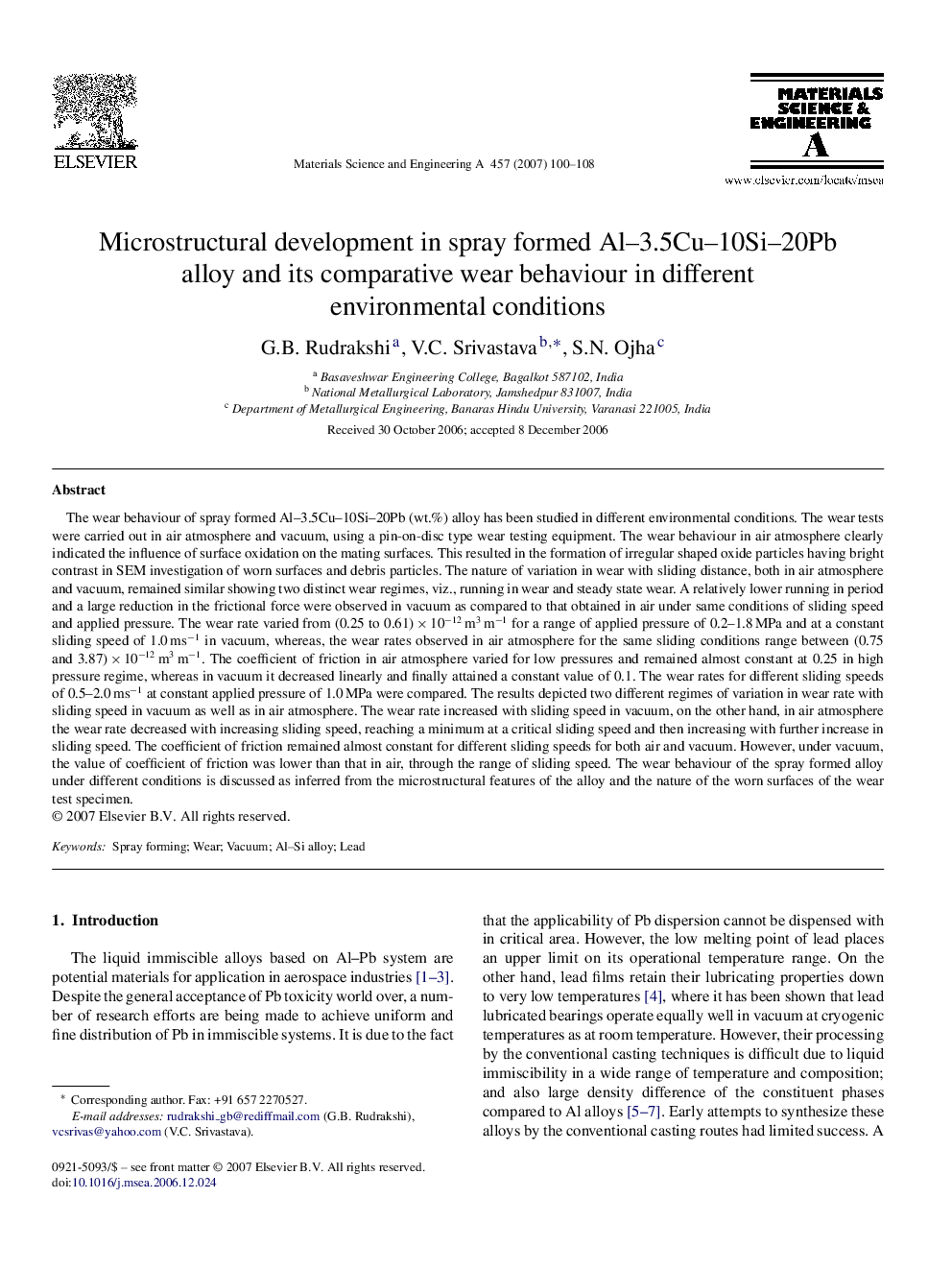 Microstructural development in spray formed Al–3.5Cu–10Si–20Pb alloy and its comparative wear behaviour in different environmental conditions