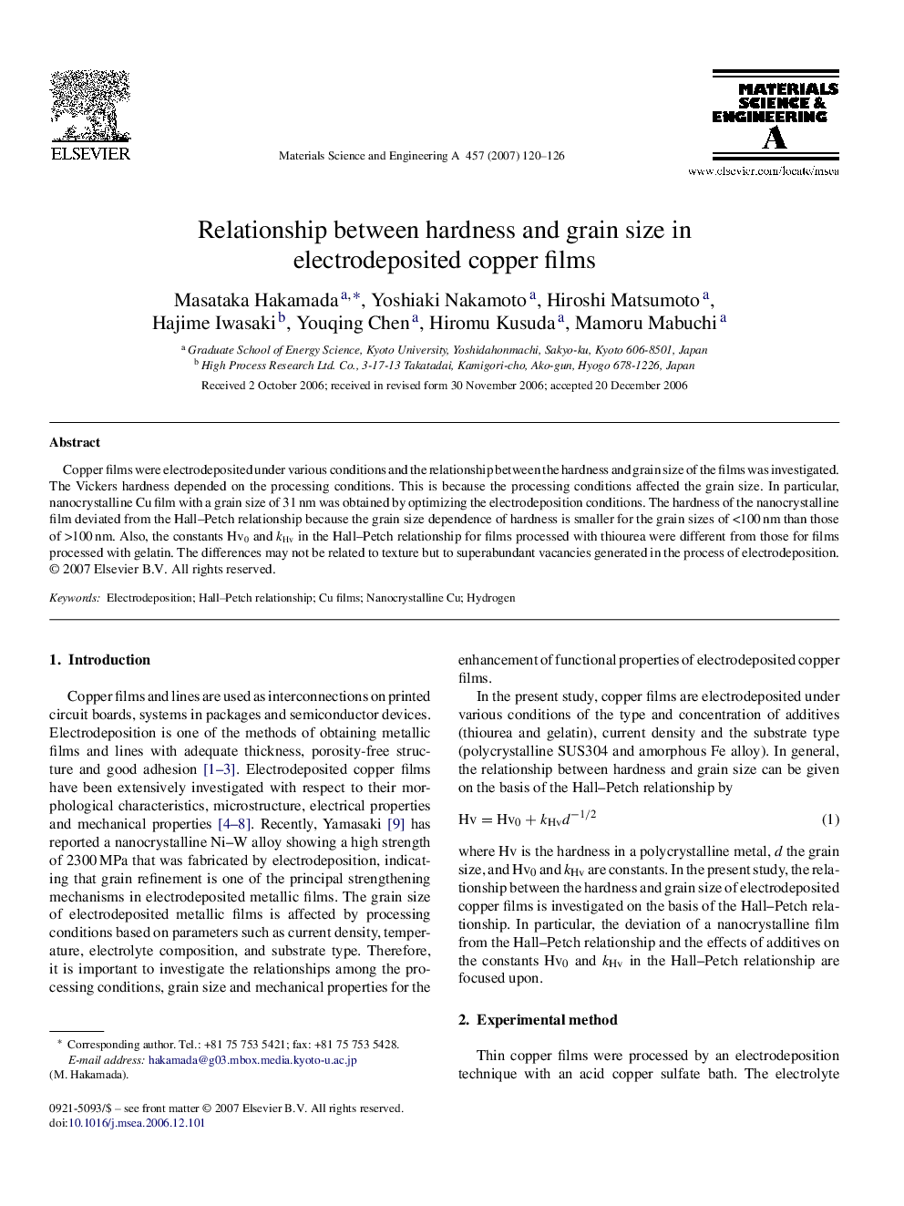 Relationship between hardness and grain size in electrodeposited copper films