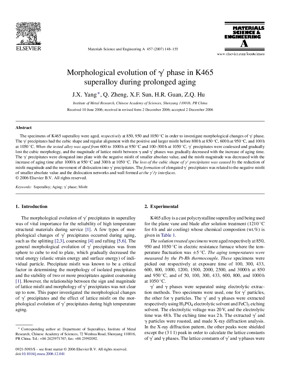 Morphological evolution of γ′ phase in K465 superalloy during prolonged aging