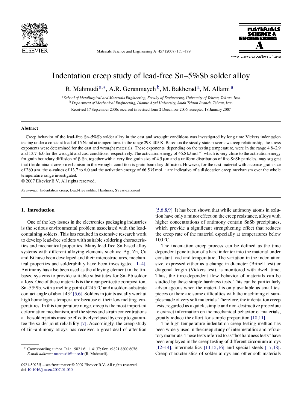 Indentation creep study of lead-free Sn–5%Sb solder alloy