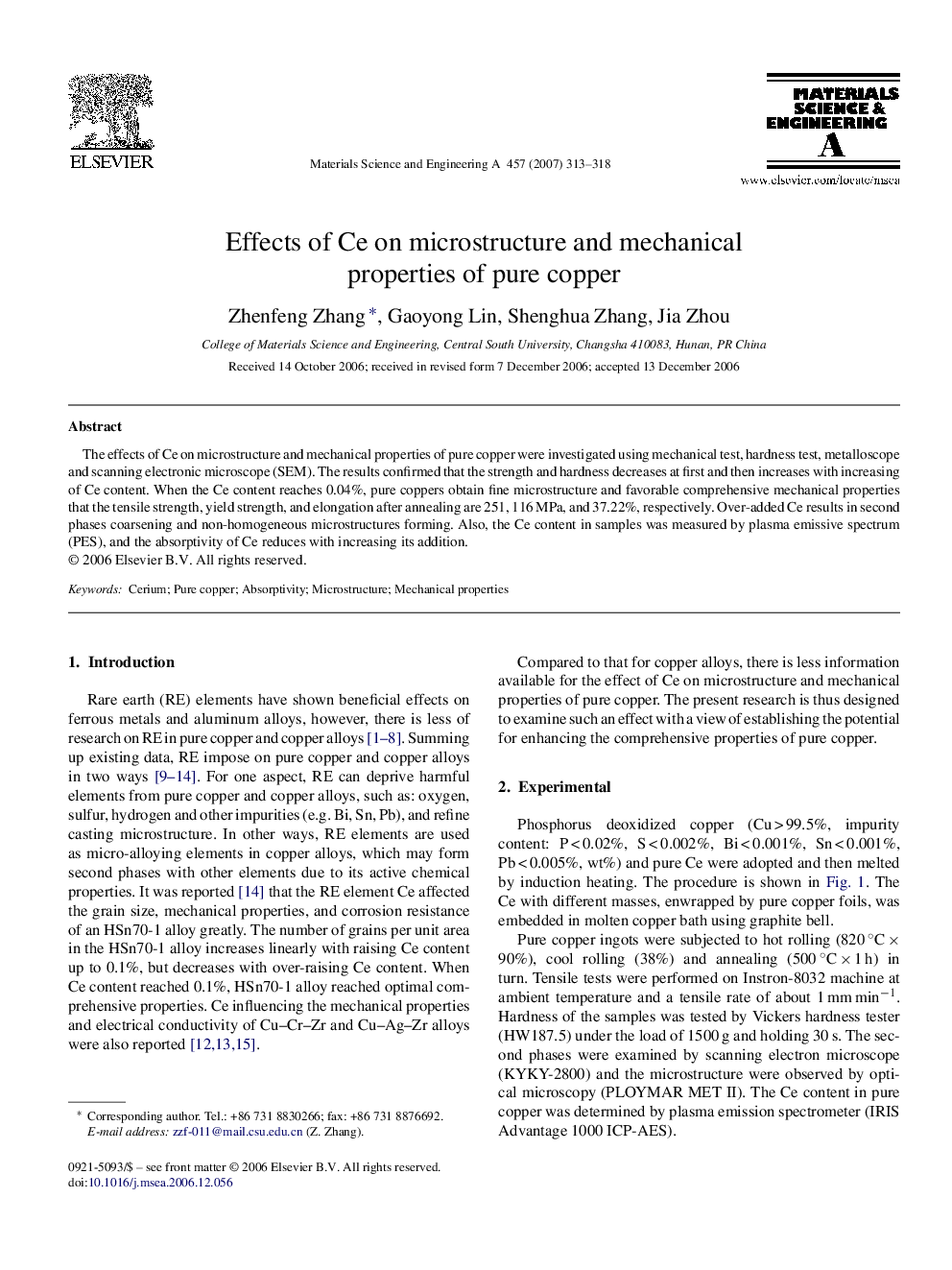 Effects of Ce on microstructure and mechanical properties of pure copper