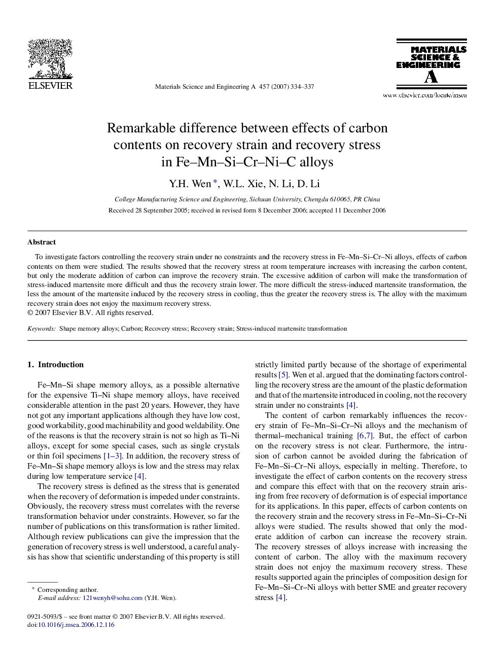 Remarkable difference between effects of carbon contents on recovery strain and recovery stress in Fe–Mn–Si–Cr–Ni–C alloys